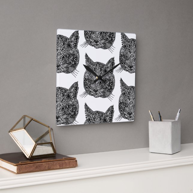 Svartvit prydnadskatt Porträtt Fyrkantig Klocka (Kontor)