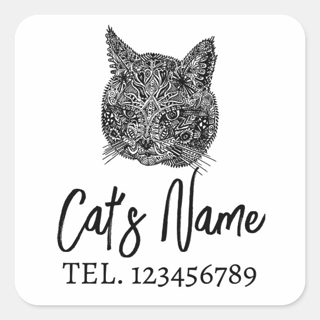 Svartvit prydnadskatt Porträtt Fyrkantigt Klistermärke (Framsida)