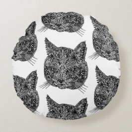 Svartvit prydnadskatt Porträtt Rund Kudde