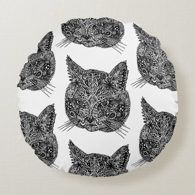 Svartvit prydnadskatt Porträtt Rund Kudde (Framsidan)