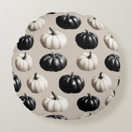 Svartvit Pumpkin Fall Design Rund Kudde