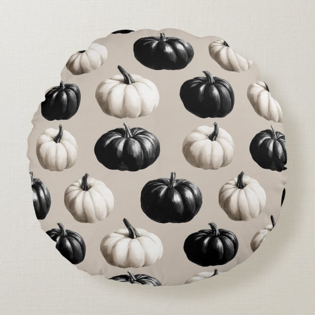 Svartvit Pumpkin Fall Design Rund Kudde (Framsidan)