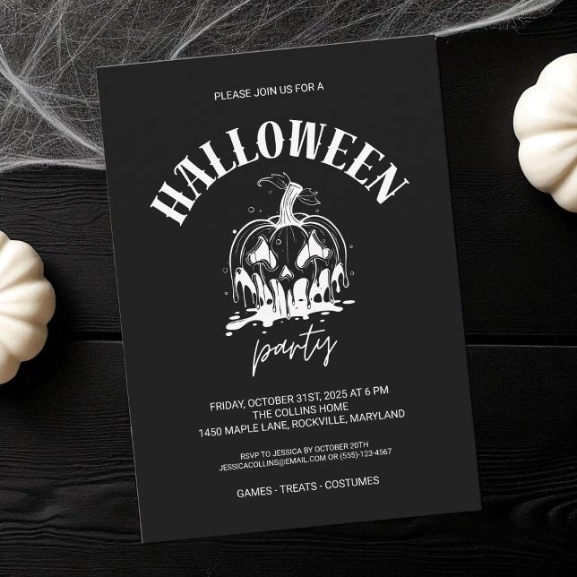 Svartvit Pumpkin Vuxen Halloween fest Inbjudningar (Black and White Pumpkin Adult Halloween Party Invitation)