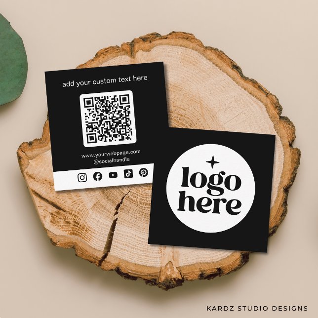 Svartvit, QR-Anpassningsbar, Social-media, QR-Logo Fyrkantigt Visitkort (Add your logo, customize social media icons and enter URL to create QR Code. Choose corner + paper.)