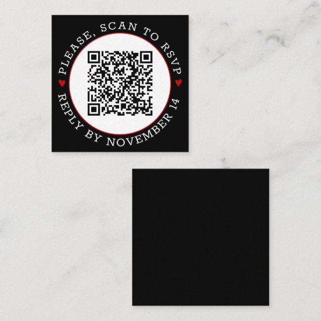 Svartvit QR-kod OSA gräns-röda hjärtan bröllop Tilläggskort (Fram/baksida)