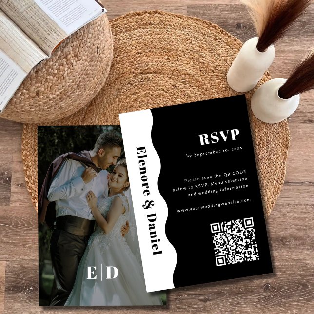 Svartvit QR-kod Side Wave Photo Bröllop OSA Kort (Black and White QR code Side Wave Photo Wedding RSVP Card)