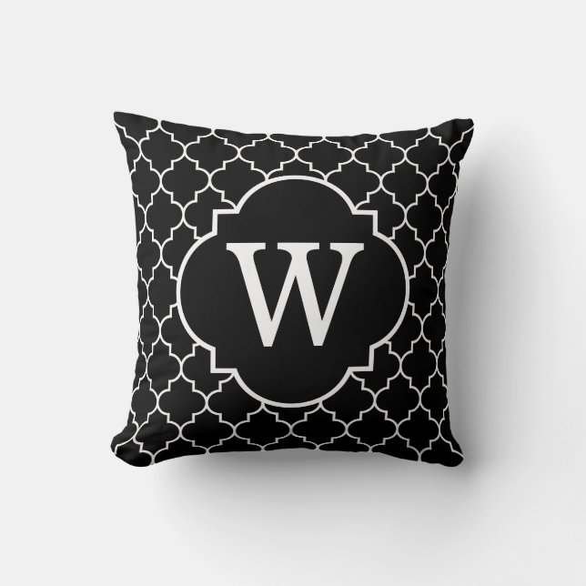 Svartvit Quatrefoil Monogram Kudde (Framsida)