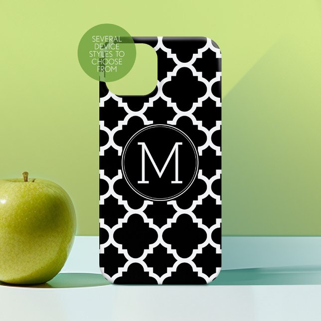Svartvit Quatrefoil Mönster Anpassningsbar Monogra (Personalized Phone Case)