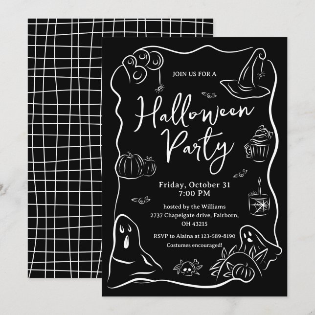 Svartvit Quirky Hand plockade Halloween fest Inbjudningar (Fram/baksida)