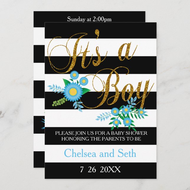 Svartvit Rand | Blå Blommigt | Baby Shower Inbjudningar (Fram/baksida)