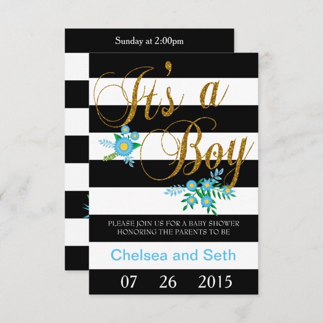 Svartvit Rand| Blå Blommigt| Babyskor Inbjudningar (Fram/baksida)