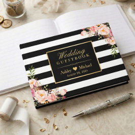 Svartvit Rand Blommigt Bröllop Guest bok