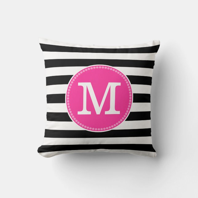Svartvit Rand Chic, minimalt Shock rosa Monogram Kudde (Framsida)
