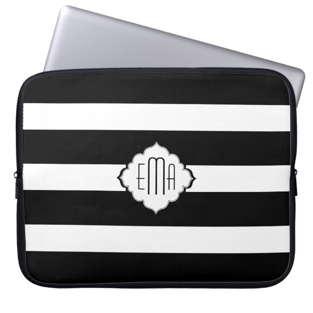 Svartvit Rand Geometric Mönster 2 Laptop Sleeve (Framsidan)