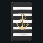 Svartvit Rand Guld Nautical Boat Anchor 2 Plånboksfodral För Samsung Galaxy S5<br><div class="desc">Vit och svart rand mönster med sjöbåtsankarillustration av guld-tonerna. Anpassade monogram. Justerbar ankarpunkt storlek.</div>
