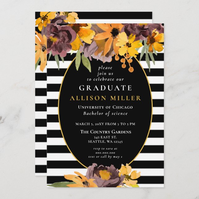 Svartvit Rand Gult Blommigt Studentfest  Inbjudningar (Fram/baksida)