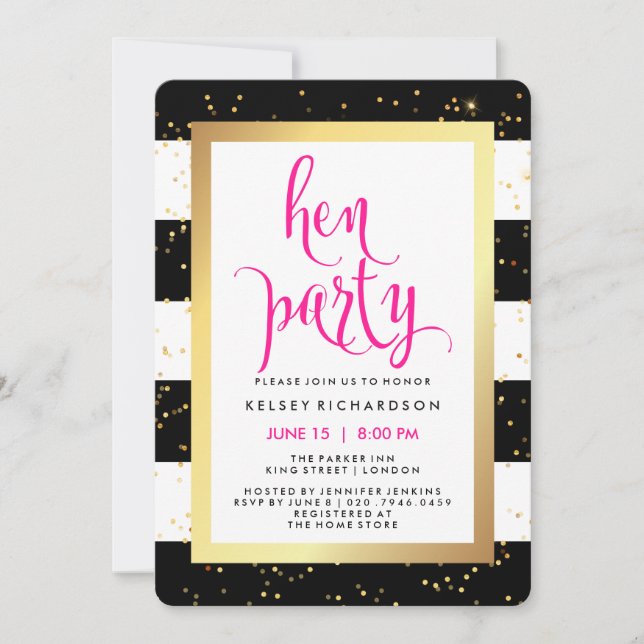 Svartvit Rand med Guld Hen Party Inbjudningar (Framsida)