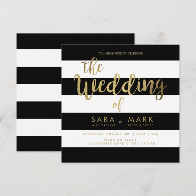 Svartvit Rand med guldfärgad typografi Inbjudningar (Fram/baksida)