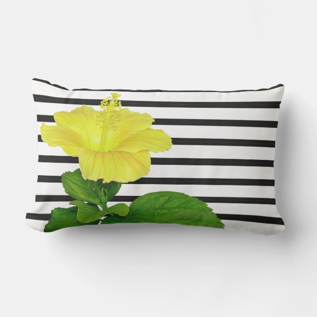 Svartvit Rand med Gult Hibiscus Lumbarkudde (Framsida)