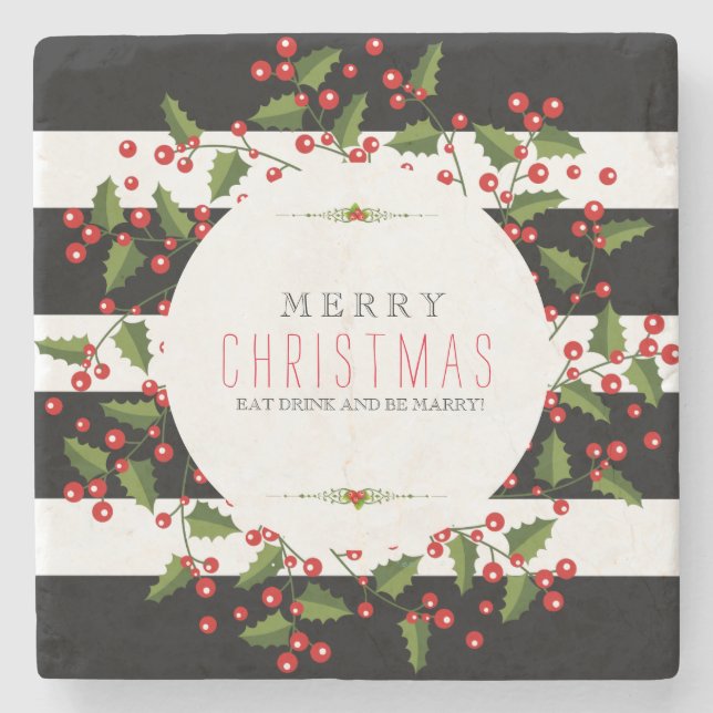 Svartvit Rand med julkrans Underlägg Sten (Framsidan)