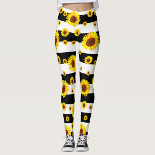 Svartvit Rand med solrosblomma Leggings