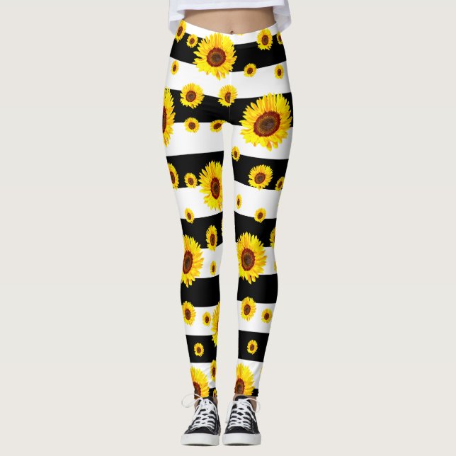Svartvit Rand med solrosblomma Leggings (Framsida)