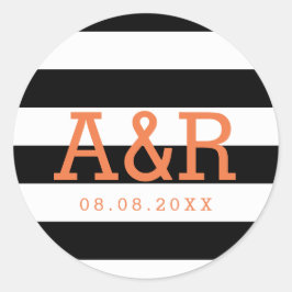 Svartvit Rand | Monogram och datum för Orange Runt Klistermärke