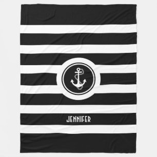 Svartvit Rand Nautical Anchor Fleecefilt