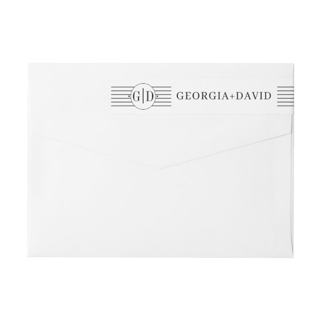 Svartvit rand och monogram bröllop etikettband (Baksidan)