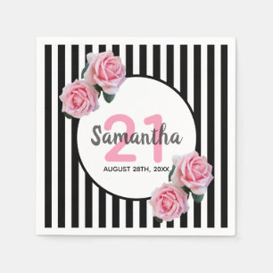 Svartvit rand rosa blommigt 21:a födelsedag pappersservett