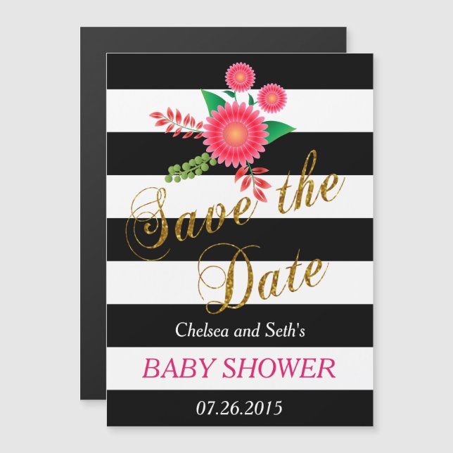 Svartvit Rand | Rosa Blommigt | Baby Shower Magnetisk Inbjudningskort (Fram/baksida)
