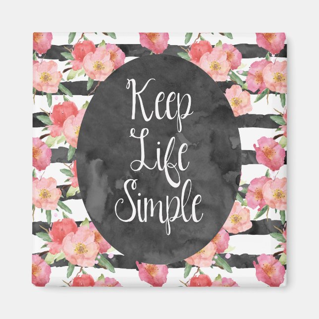 Svartvit Rand Rosa Blommigt för vattenfärg Magnet (Framsidan)