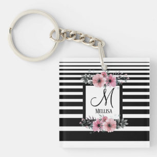 Svartvit Rand Rosa Blommigt Monogram