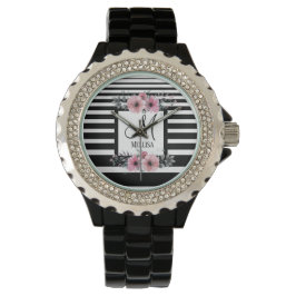 Svartvit Rand Rosa Blommigt Monogram Armbandsur