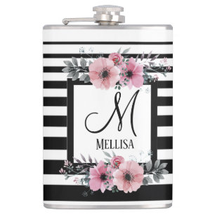 Svartvit Rand Rosa Blommigt Monogram Fickplunta