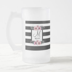 Svartvit Rand Rosa Blommigt Monogram Frostat Ölglas