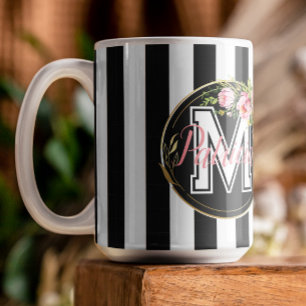 svartvit Rand rosa Blommigt monogram Kaffemugg