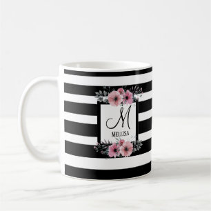 Svartvit Rand Rosa Blommigt Monogram Kaffemugg