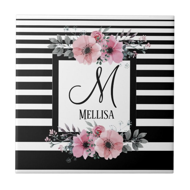 Svartvit Rand Rosa Blommigt Monogram Kakelplatta (Framsidan)
