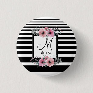 Svartvit Rand Rosa Blommigt Monogram Knapp