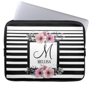 Svartvit Rand Rosa Blommigt Monogram Laptop Fodral