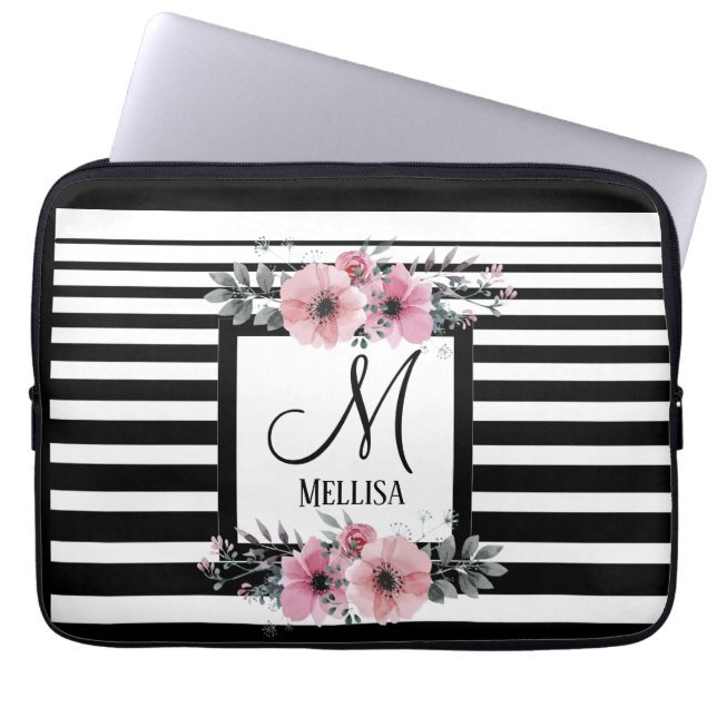 Svartvit Rand Rosa Blommigt Monogram Laptop Fodral (Framsidan)