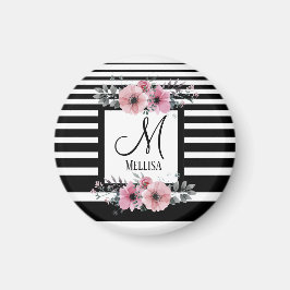 Svartvit Rand Rosa Blommigt Monogram Magnet