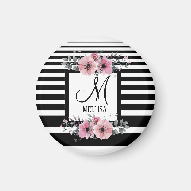 Svartvit Rand Rosa Blommigt Monogram Magnet (Framsidan)