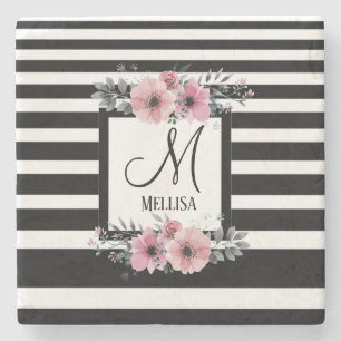 Svartvit Rand Rosa Blommigt Monogram Stenunderlägg