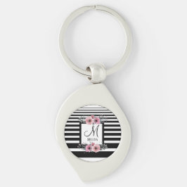 Svartvit Rand Rosa Blommigt Monogram Swirl Silverfärgad Nyckelring