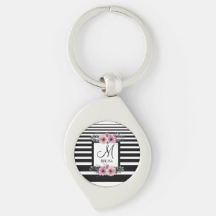 Svartvit Rand Rosa Blommigt Monogram Swirl Silverfärgad Nyckelring