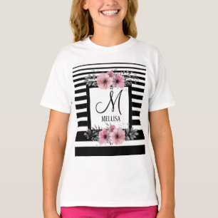 Svartvit Rand Rosa Blommigt Monogram T Shirt