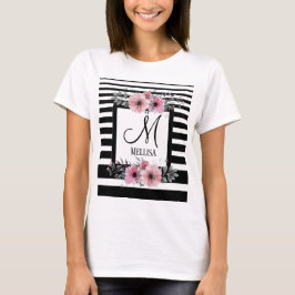 Svartvit Rand Rosa Blommigt Monogram T Shirt