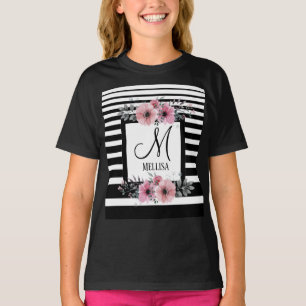 Svartvit Rand Rosa Blommigt Monogram T Shirt